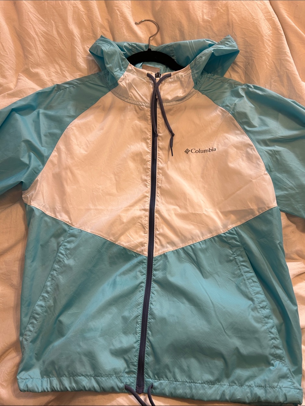 Columbia Aqua & White zip up Hooded Windbreaker